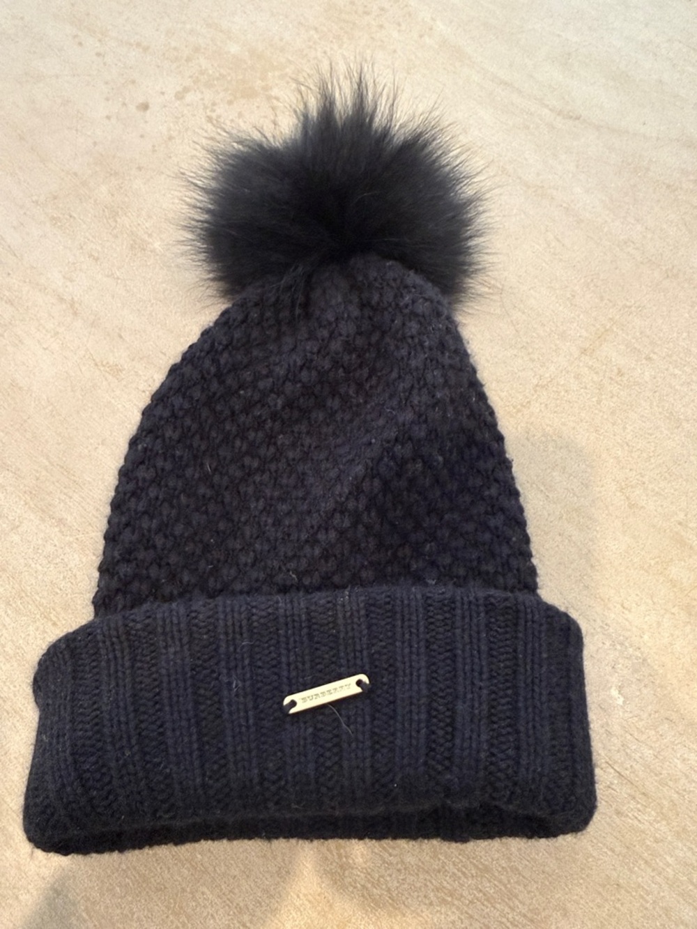 Burberry Fur Pom Pom Wool Cashmere Beanie Hat in Black